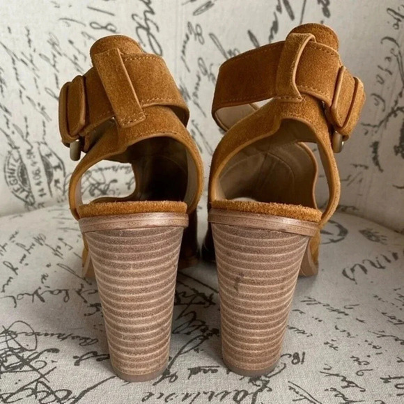 NEW, Marc Fisher, Vega, Suede Peep Toe Sandal, Stacked Block Heel, Tan, Brown - Picture 7 of 13